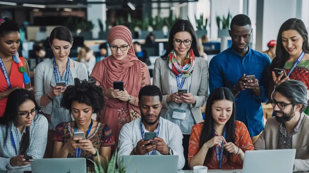 An illustration of diverse people from different cultures connecting via digital devices and face-to-face interactions, symbolizing global intercultural communication.