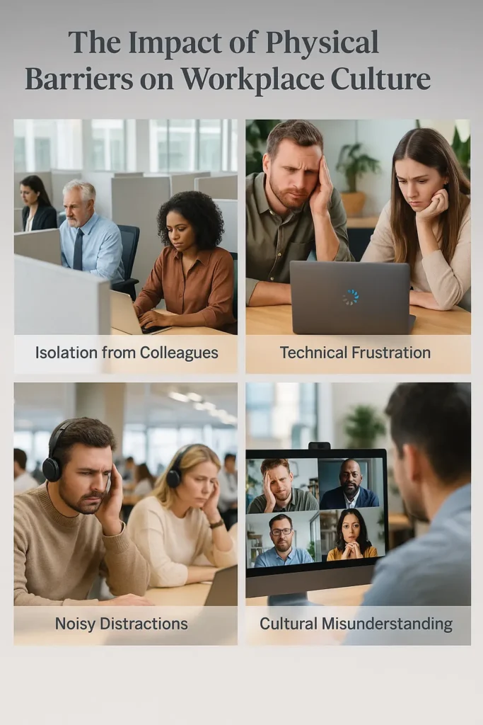 An infographic with actual office photos, showing isolation, technical frustration, noisy distractions, and cultural misunderstanding caused by physical barriers."
