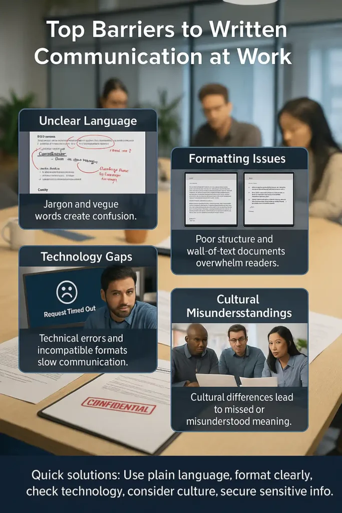 Real office photo background (e.g., coworkers at a table with laptops and papers), overlaid with transparent boxes.