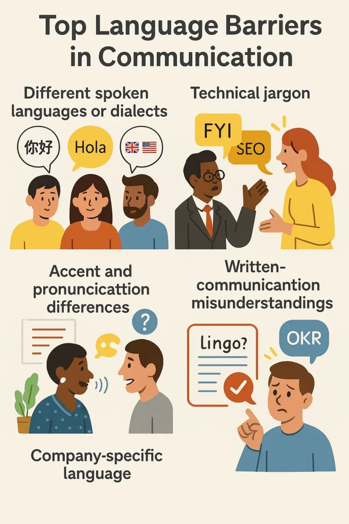  Infographic showing common language barriers, including dialects, technical jargon, accents, written misunderstandings, and workplace lingo, with colorful icons and characters.