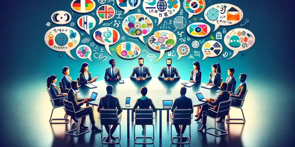 A vibrant scene of diverse business professionals around a modern office table, each with speech bubbles showing unique symbols and words from different cultures, highlighting the challenge and importance of overcoming language and cultural barriers for effective communication in a globalized work environment.