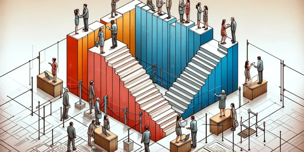 An illustration showcasing the impact of social hierarchies on communication, with individuals of different social statuses depicted as standing on varying heights of stairs or podiums, separated by a physical barrier. This metaphorical representation emphasizes the challenge of communication across social divides and the importance of efforts to level the playing field for open and effective interaction.