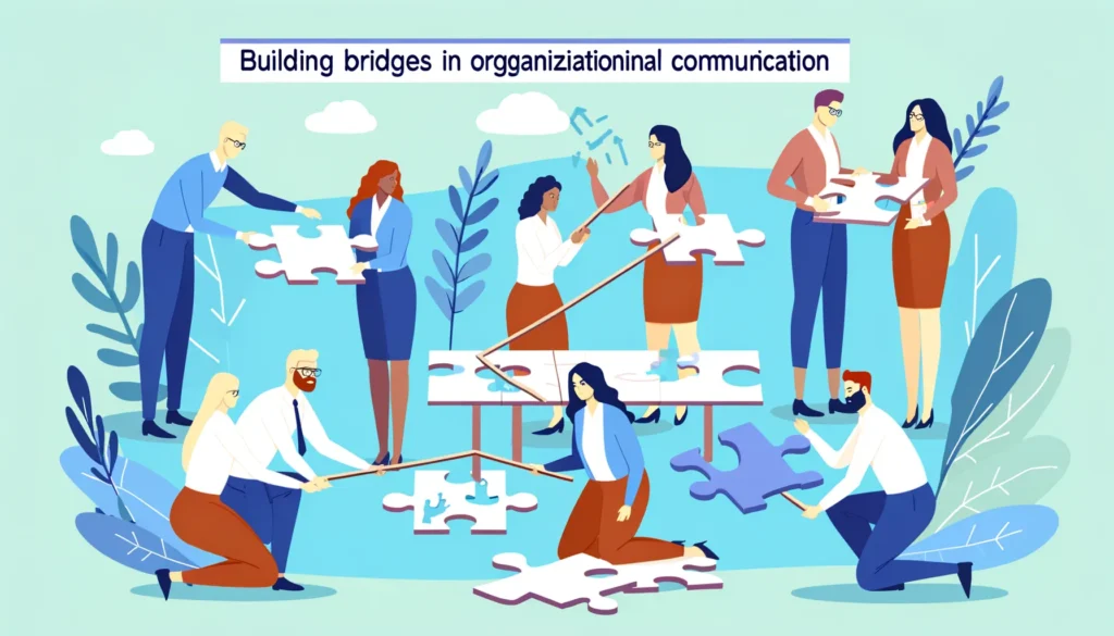 This illustration features employees from different departments working together on a team-building activity, symbolizing the breakdown of organizational communication barriers and fostering a spirit of cooperation and improved understanding. 