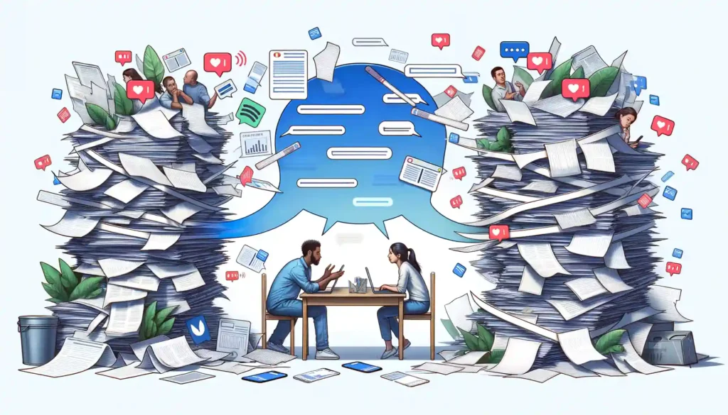 This image illustrates a conversation between two people where one is overwhelmed with information overload, represented by stacks of papers and notifications, while the other communicates through a clear bubble path, symbolizing the struggle against information overload. 