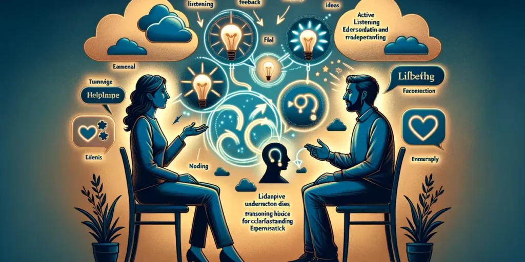 An illustrative scene of two individuals engaged in a conversation that emphasizes the power of active listening and feedback. One person shares their thoughts while the other demonstrates active engagement through body language, such as nodding and eye contact. Speech bubbles transform into symbols of understanding, like light bulbs for ideas and hearts for empathy, showcasing the essential role of clarification and feedback in overcoming perceptual barriers. 
