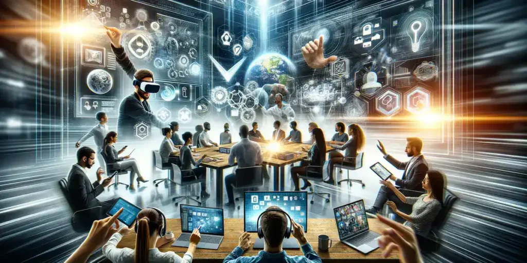 A futuristic digital workspace scene where a diverse team engages with advanced technology for communication. The image illustrates professionals using virtual reality headsets, participating in video calls, and collaborating on a digital interactive whiteboard. Various devices display collaboration software, highlighting the role of technology in bridging communication gaps and fostering a connected, inclusive work culture. This visual encapsulates the transformative impact of technological advancements in enabling clear, effective communication across distances.