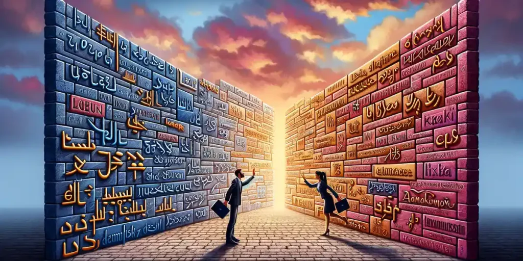 This illustration captures the challenge of communicating across language barriers, depicted through a visual metaphor of a wall made of words in various scripts, separating two individuals trying to connect.