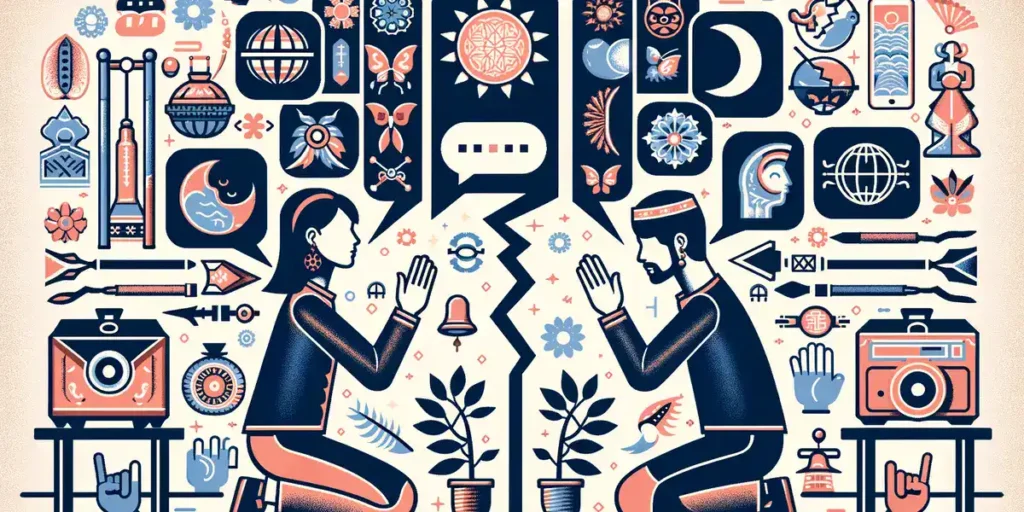  A visual representation of two individuals from diverse cultural backgrounds attempting to communicate, underscored by contrasting colors and cultural symbols such as traditional clothing and artifacts. The image includes a broken speech bubble to illustrate the challenge of communication breakdown due to cultural differences, emphasizing the importance of cultural sensitivity and understanding.