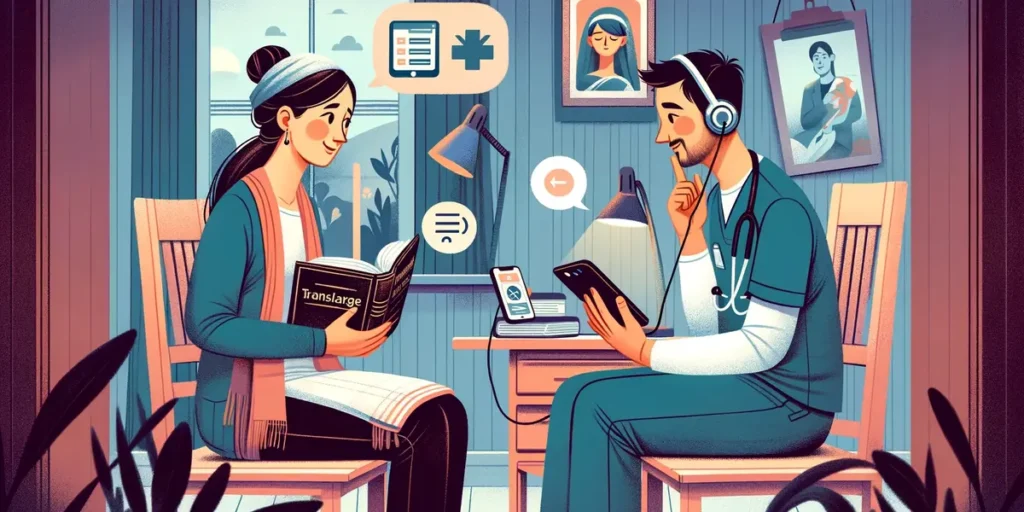 A healthcare provider and a patient overcoming language and cultural barriers with the aid of translation tools in a private medical office, symbolizing the pursuit of effective therapeutic communication.