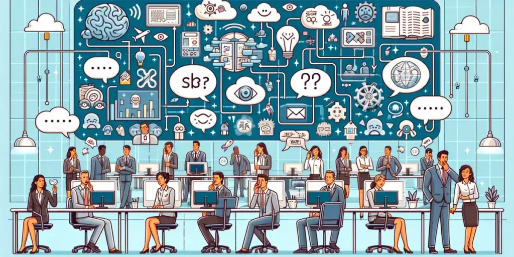 It shows employees in an open office layout navigating cultural misunderstandings, language misinterpretations, and technological challenges, symbolizing the complexity of overcoming communication barriers. 