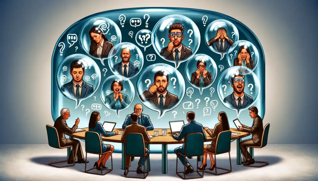 This visual captures a meeting scene with individuals in transparent bubbles, illustrating emotional disconnects as a barrier to communication, with external attempts at dialogue marked by confusion and miscommunication. 