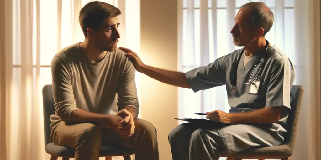 A compassionate healthcare professional actively listening to a distressed patient in a warm, inviting setting, showcasing the overcoming of emotional barriers in therapeutic communication.