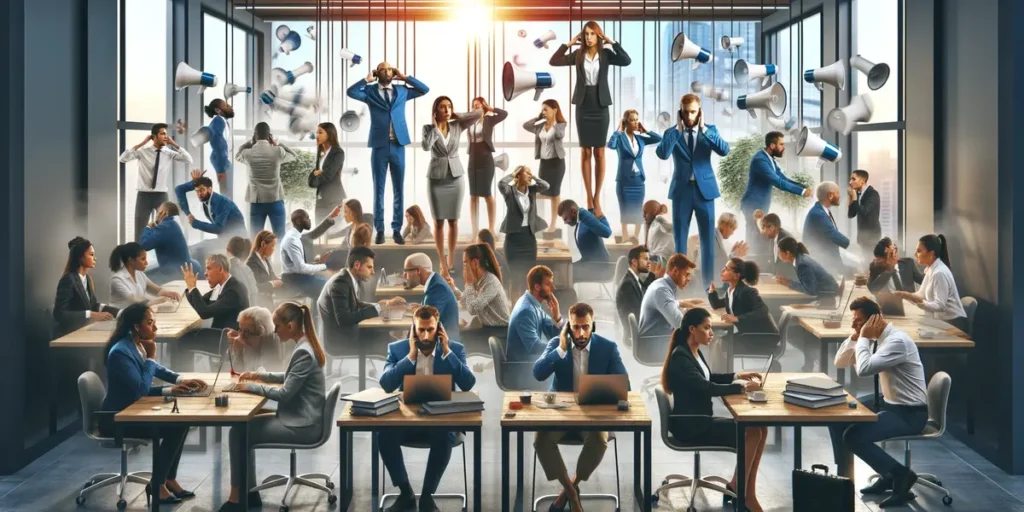 This image depicts a diverse team of professionals in a modern office setting facing challenges in communication due to noise, poor lighting, and distance, illustrating the struggle to overcome organizational barriers.