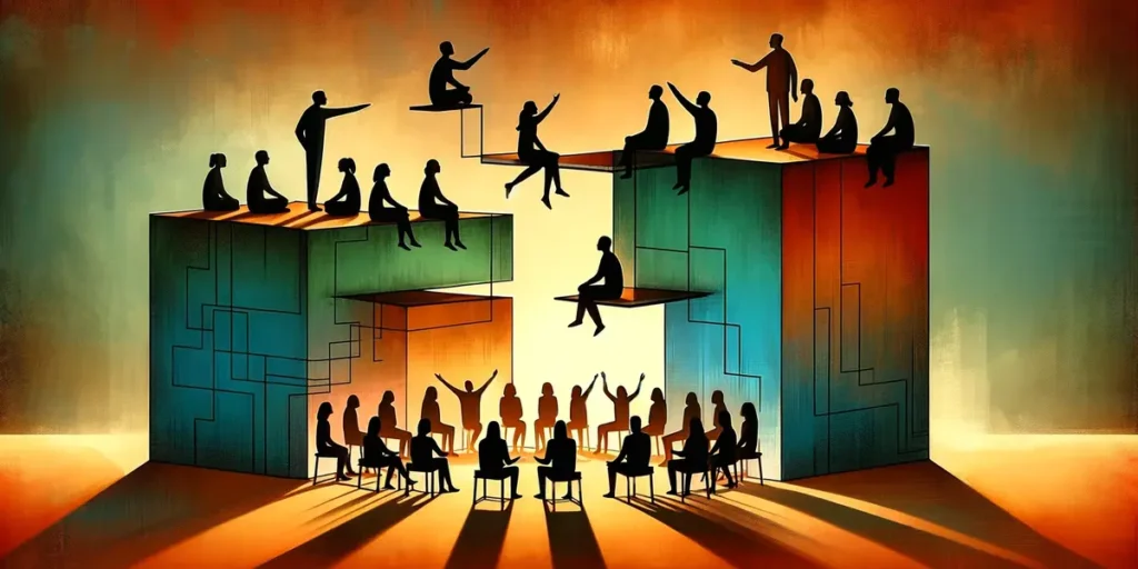 An abstract image split between the challenges of hierarchical organizational structures, represented by silhouetted figures on different levels with gaps symbolizing communication barriers, and the warm, supportive environment of psychological safety, depicted by a group in a circle engaging in open conversation at ground level. 