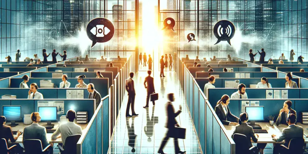 The illustration depicts an office environment where noise, distance, and space create obstacles to effective communication. Workers are shown trying to navigate these barriers, suggesting solutions like noise-canceling headphones or finding quieter spaces for conversation.