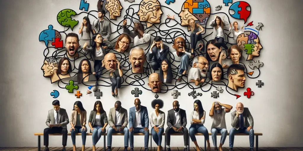 image focuses on the psychological aspects, such as attitudes, emotions, and cultural differences, within a diverse team. It showcases the confusion and misunderstanding that arise from these psychological barriers, using tangled lines or mismatched puzzle pieces to symbolize the complexity of overcoming these challenges.