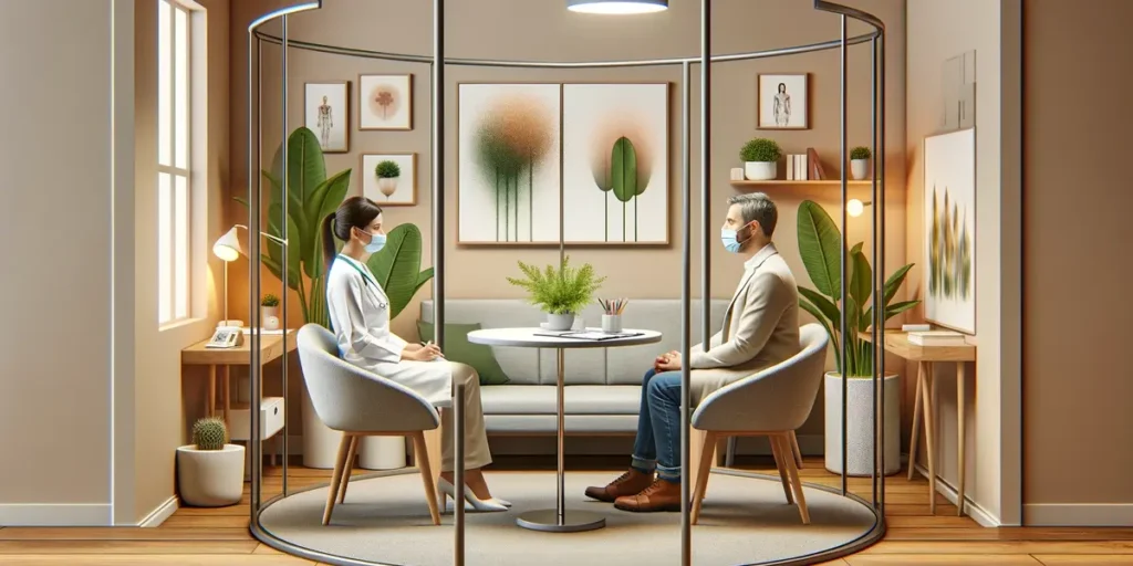 A healthcare professional and patient seated in a thoughtfully designed consultation room that minimizes physical barriers, promoting effective and open therapeutic communication