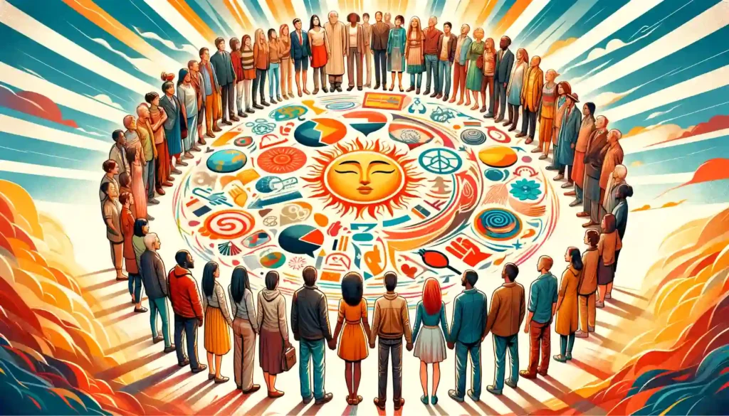  A vibrant depiction of individuals from diverse cultures in a circle, each showing a unique nonverbal gesture, symbolizing the beauty 