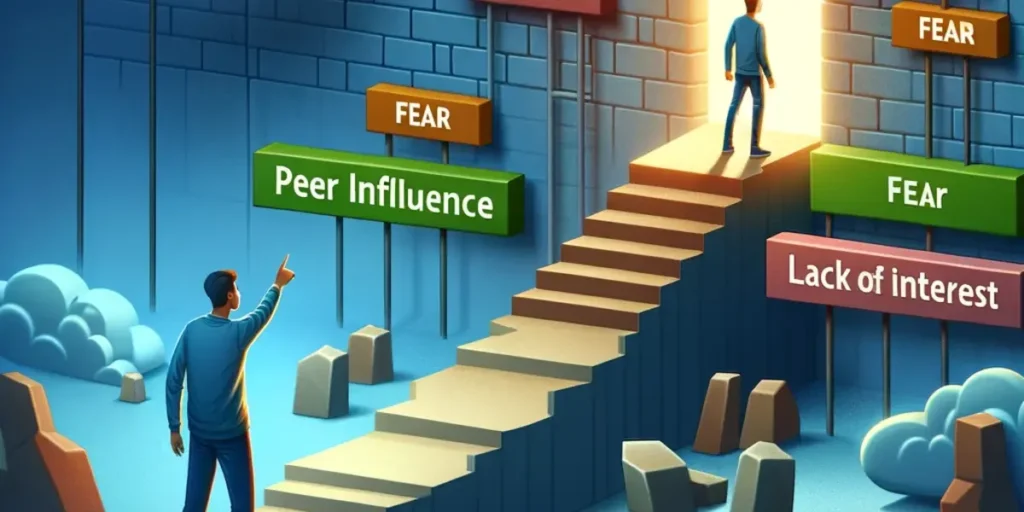 A figure overcoming obstacles labeled with 'fear', 'peer influence', and 'lack of interest' to symbolize overcoming motivation barriers in communication.
