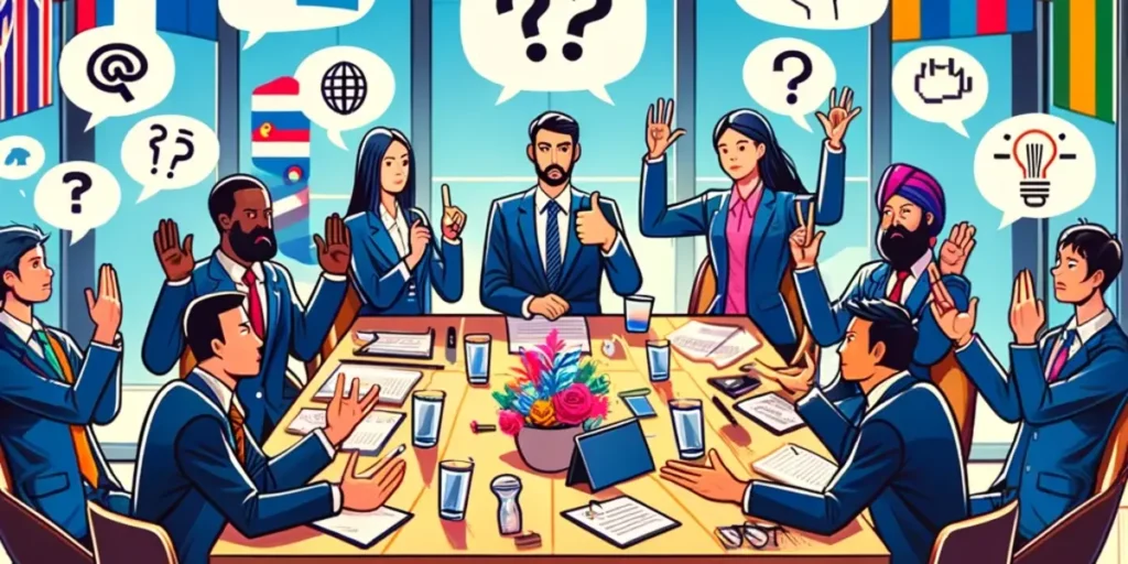 A vibrant illustration of a multicultural team at a meeting, with various cultural gestures being misunderstood, showcasing the importance of cultural awareness in effective communication.