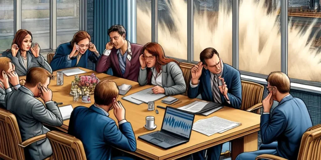 A detailed scene depicting professionals in an office, struggling to communicate over the din of construction noise, emphasizing the impact of environmental noise on communication.