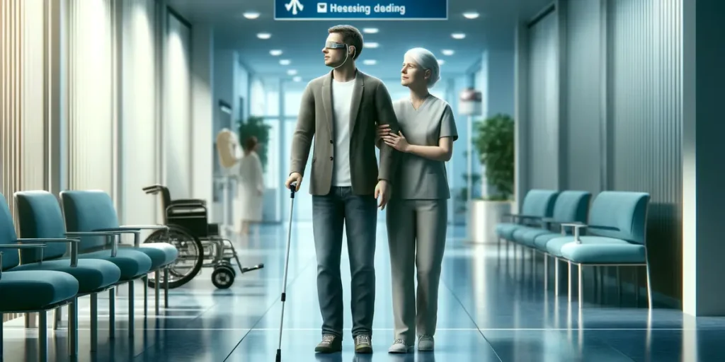 an adult with dual sensory impairments navigating a healthcare facility.