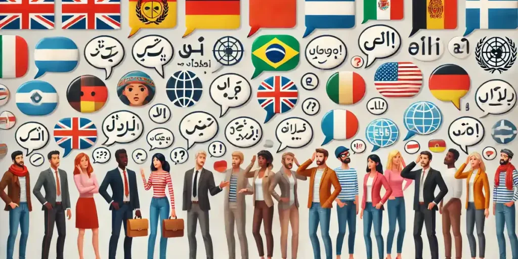 People from different cultural backgrounds with speech bubbles containing various languages and confused expressions, emphasizing language barriers.