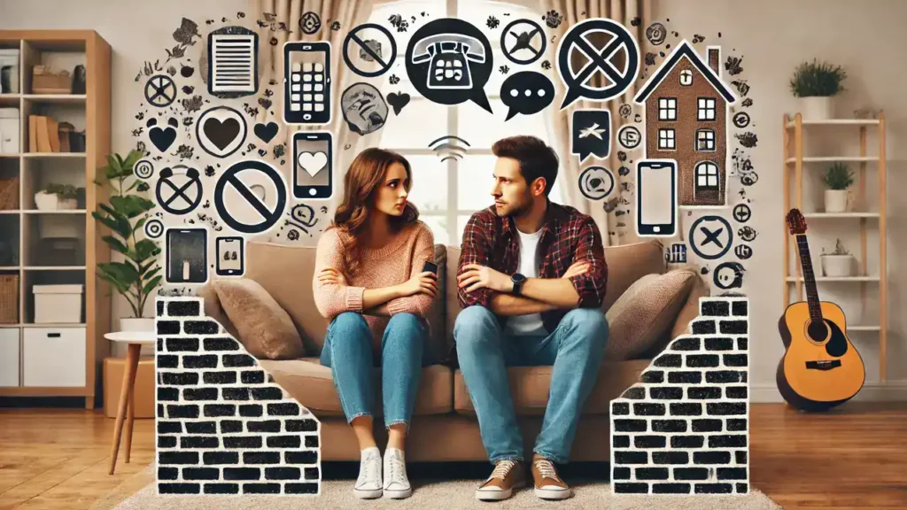 A married couple sitting on a couch, looking at each other with concern and understanding, surrounded by common symbols of communication barriers like a wall between them, smartphones, and speech bubbles with crossed-out symbols. The background shows a cozy living room setting.