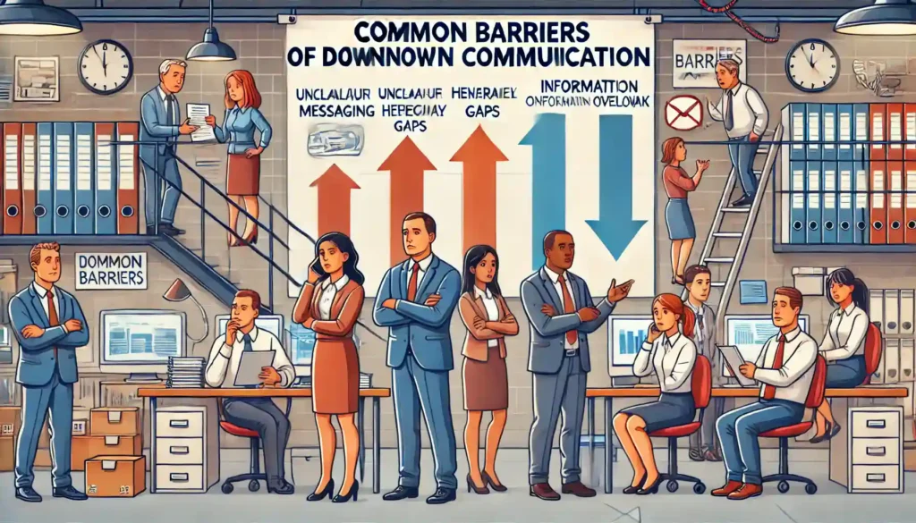 Employees discussing common barriers of downward communication in an office setting."