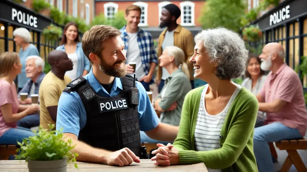 A police officer and a civilian engaging in a positive conversation in a diverse community setting with buildings and greenery in the background.