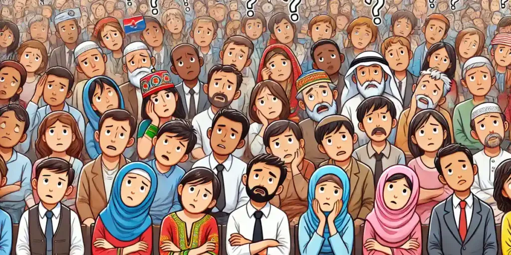 A confused audience listening to a speaker, with visual cues of cultural differences such as varied traditional clothing and facial expressions showing misunderstanding.