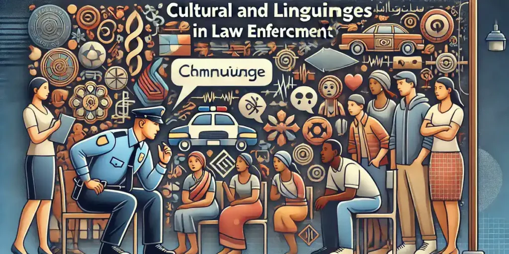 A police officer attempting to communicate with a group of civilians from different cultural backgrounds, with cultural symbols and multilingual signs in the background.