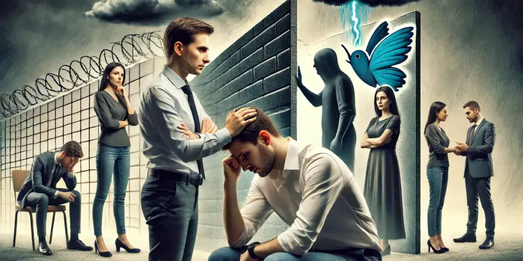 A married couple dealing with emotional barriers: one partner looking distressed while the other tries to console them. The background features symbolic representations of emotional barriers like a wall and dark clouds.