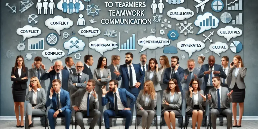 Depiction of team members facing various communication barriers such as conflict, misinformation, and cultural differences.