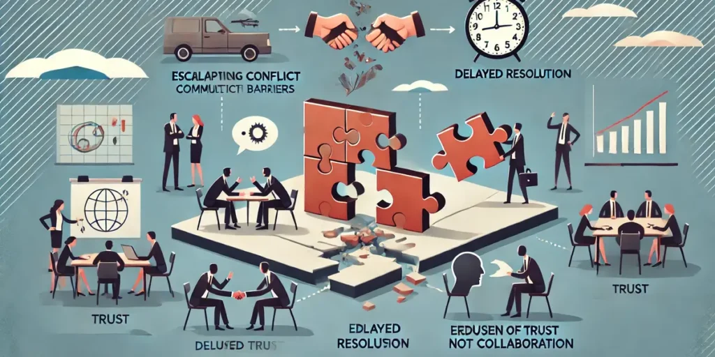 Illustration showing the negative impact of communication barriers on resolving conflicts, including escalating conflicts, delayed resolutions, erosion of trust, and reduced collaboration.