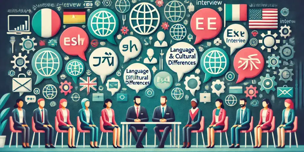 An image illustrating language and cultural differences as barriers in interviews, with diverse people, speech bubbles showing different languages, and cultural icons highlighting misunderstandings.