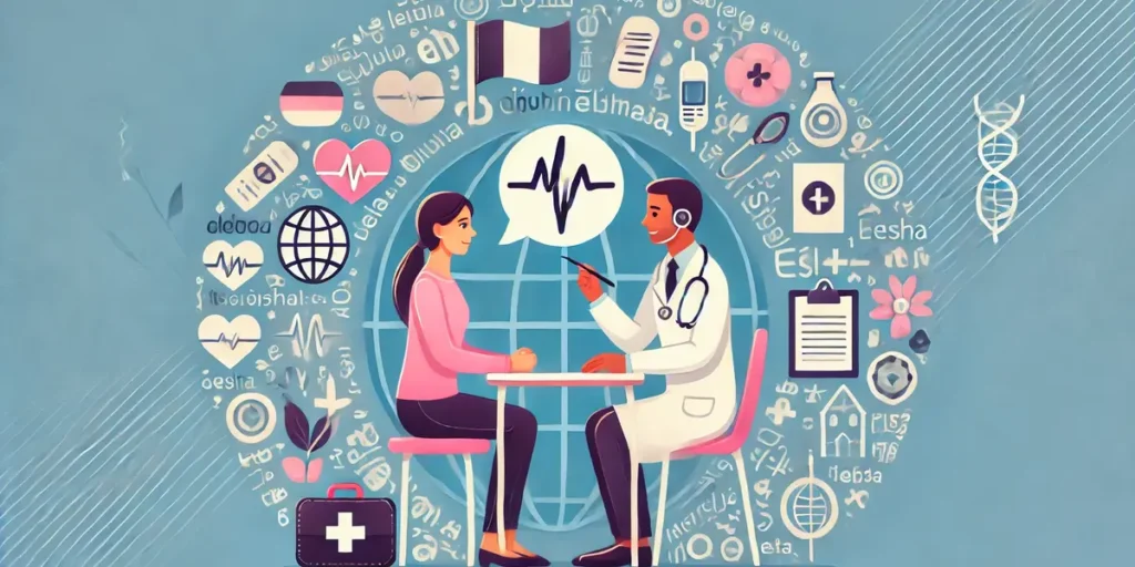 An illustration showing a healthcare provider using interpreter services with a patient, including symbols of different languages and medical tools in the background to depict the importance of overcoming language barriers.