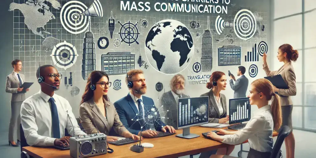  Diverse group of professionals in a modern office setting, using tools like computers, radios, and translation devices to communicate effectively