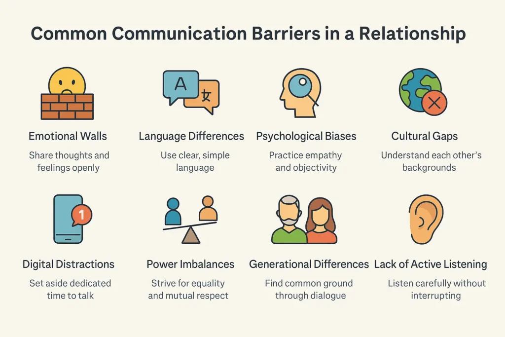 A horizontal infographic illustrating eight icons for relationship barriers