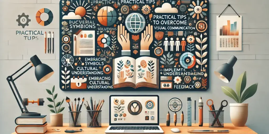 Depiction of practical solutions like using universal symbols, embracing cultural understanding, and implementing feedback, set in a workspace with tools representing visual communication.