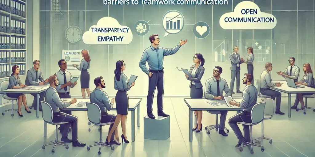 Image showing a leader guiding team members through communication challenges, promoting transparency and empathy.