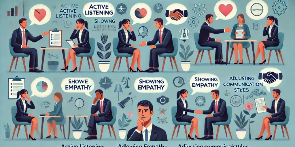 An image depicting strategies to overcome communication barriers in interview settings, showing scenes of individuals practicing active listening, showing empathy, and adjusting their communication styles.