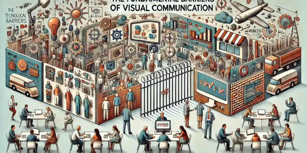 Illustration of various barriers such as cultural differences, technological challenges, and perceptual issues, with diverse people separated by symbolic barriers like walls.