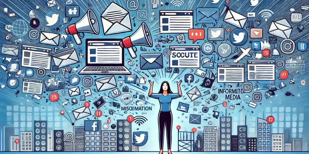 Illustration of a person trying to deliver a message through various digital media channels with digital icons and an overwhelmed expression, depicting information overload and misinformation.