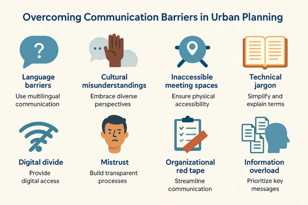 An info graphic shows Types of Barriers to Communication in Urban Planning