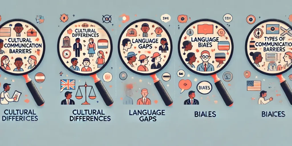 Illustration showing three barriers: cultural differences with diverse cultural icons, language gaps with speech bubbles in different languages, and biases with magnifying glasses distorting messages.