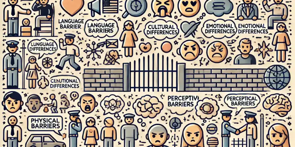 Visual representation of different types of communication barriers such as language, cultural differences, emotional triggers, perceptual barriers, and physical barriers.