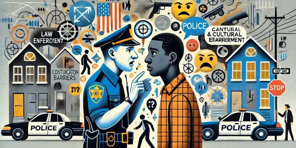 A police officer and a civilian facing each other with visible confusion, set in a diverse community with cultural symbols, indicating language and cultural barriers.