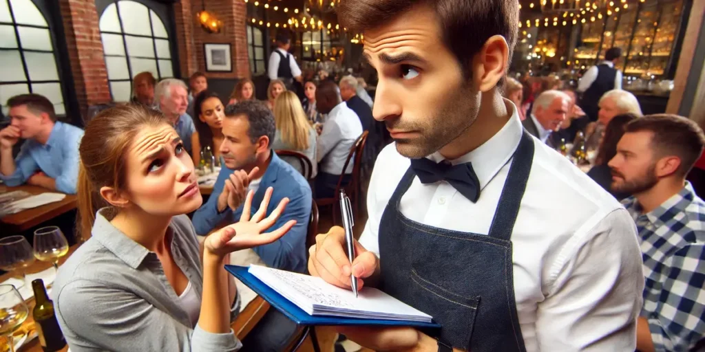 Captures a server puzzled by a customer's ambiguous gestures while taking an order in a crowded restauran