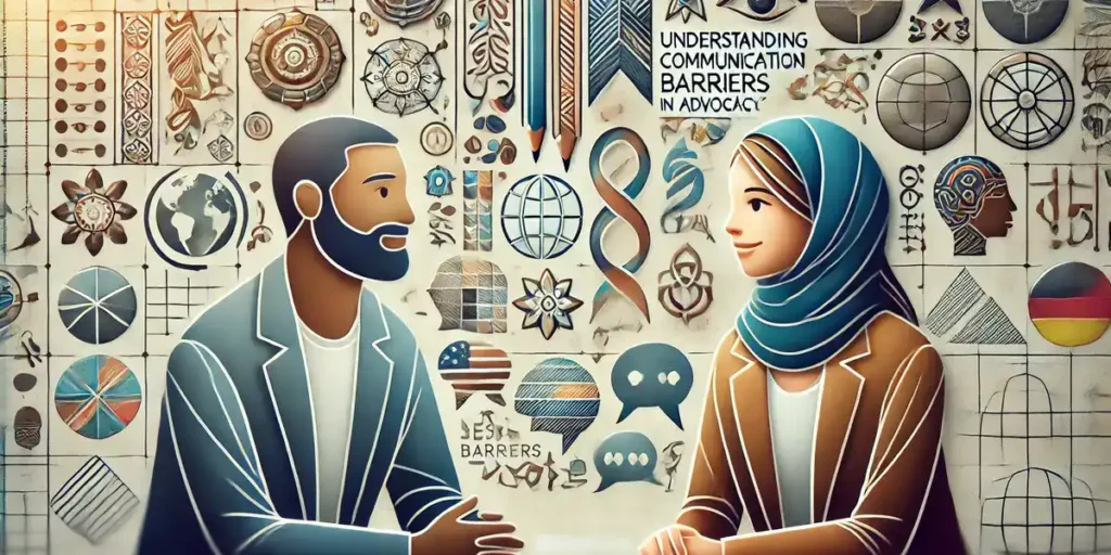 Close-up of two people from different cultural backgrounds having a conversation with symbols of different cultures, languages, and communication tools in the background.